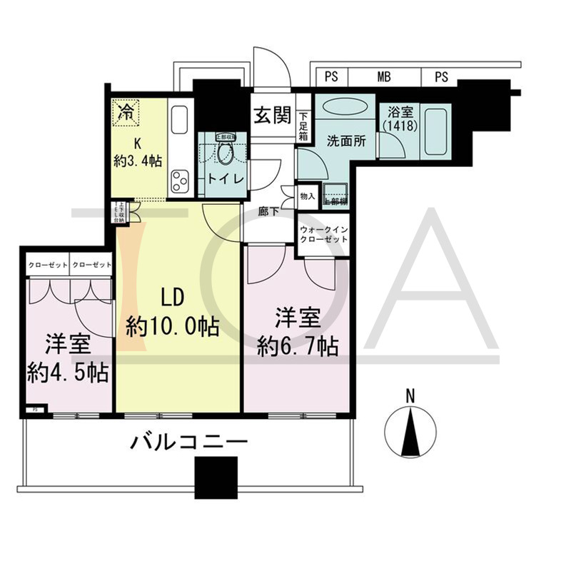 ザ・梅田タワーの間取り図 南向き 2LDK 専有面積61.06m2
バルコニー面積14.40m2