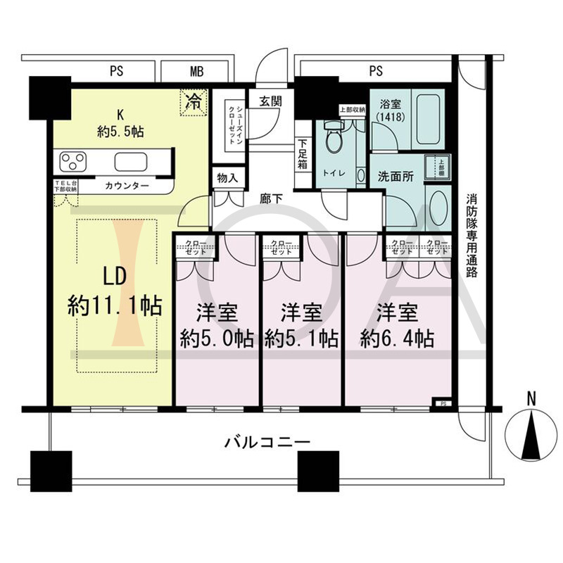 ザ・梅田タワーの間取り図 南向き 3LDK 専有面積78.60m2
バルコニー面積19.30m2