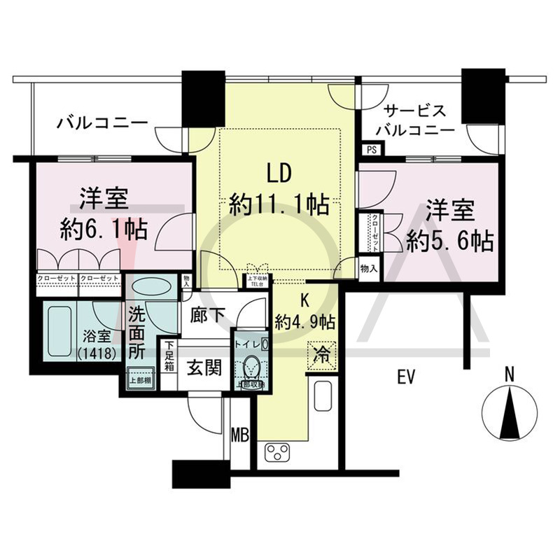 ザ・梅田タワーの間取り図 北向き 2LDK 専有面積60.29m2
バルコニー面積6.25m2
サービスバルコニー面積5.46m2