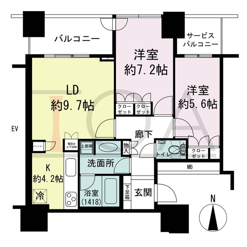 ザ・梅田タワーの間取り図 北向き 2LDK 専有面積63.37m2
バルコニー面積6.97m2
サービスバルコニー面積3.76m2
