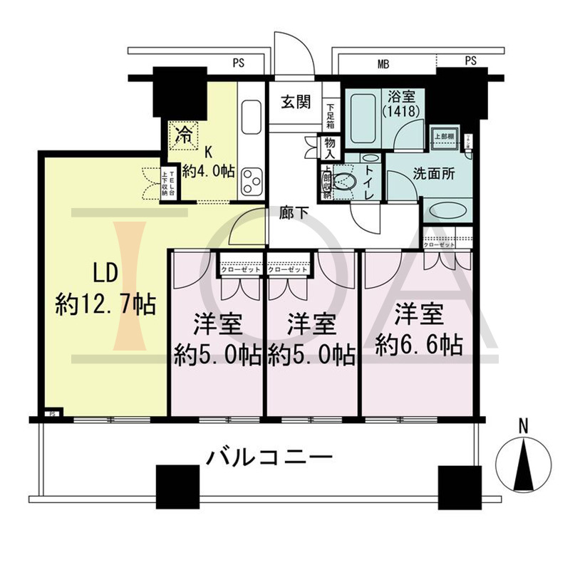 ザ・梅田タワーの間取り図 南向き 3LDK 専有面積75.67m2
バルコニー面積18.18m2