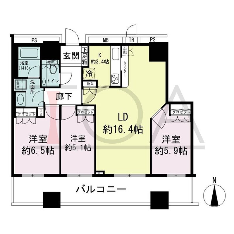 ザ・梅田タワーの間取り図 南向き 3LDK 専有面積80.89m2
バルコニー面積19.48m2