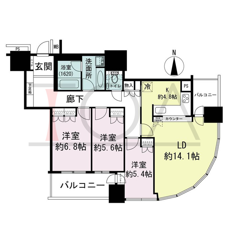ザ・梅田タワーの間取り図 南東向き角 3LDK 専有面積89.46m2
バルコニー面積12.06m2