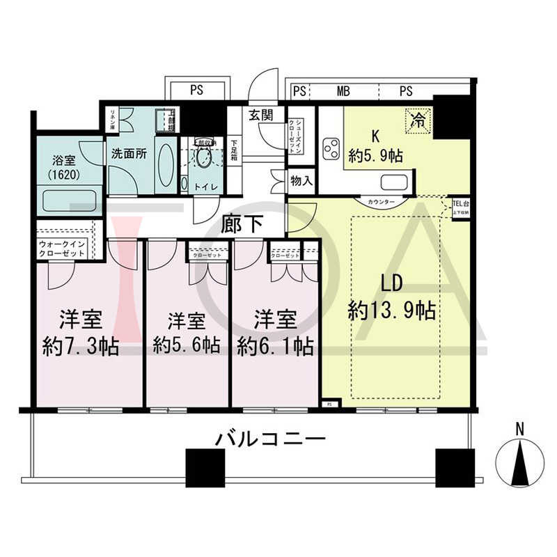 ザ・梅田タワーの間取り図 南向き 3LDK 専有面積90.14m2
バルコニー面積20.56m2