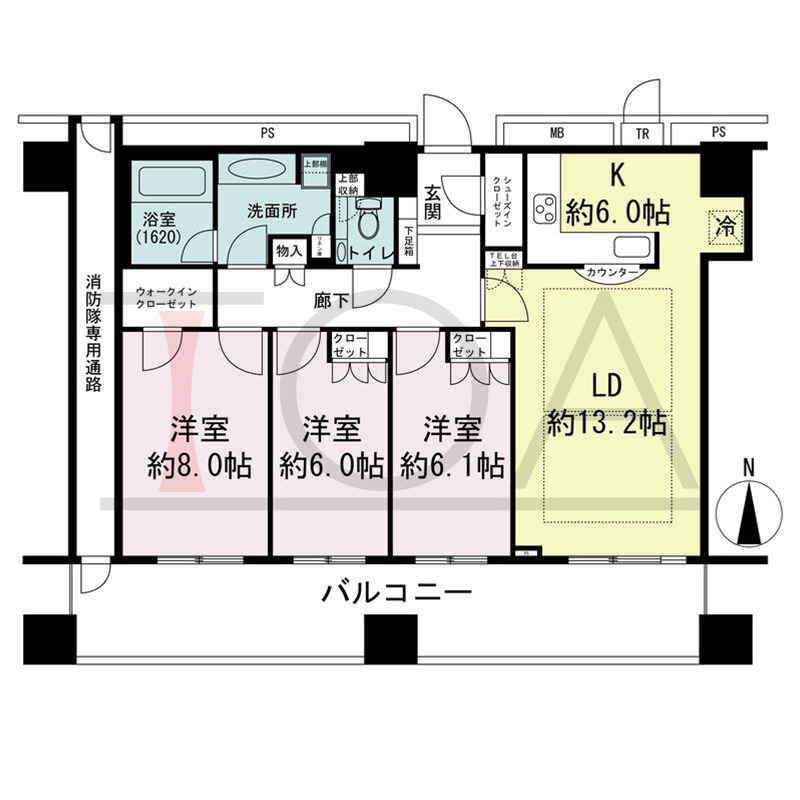 ザ・梅田タワーの間取り図 南向き 3LDK 専有面積92.18m2
バルコニー面積21.96m2