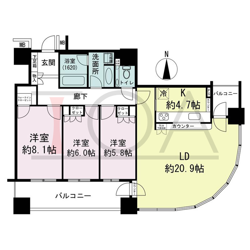 ザ・梅田タワーの間取り図 南東向き角 3LDK 専有面積99.15m2
バルコニー面積15.70m2