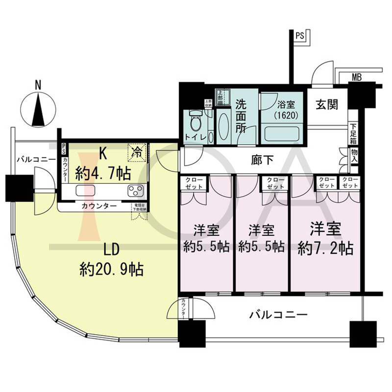 ザ・梅田タワーの間取り図 南西向き角 3LDK 専有面積97.53m2
バルコニー面積14.94m2