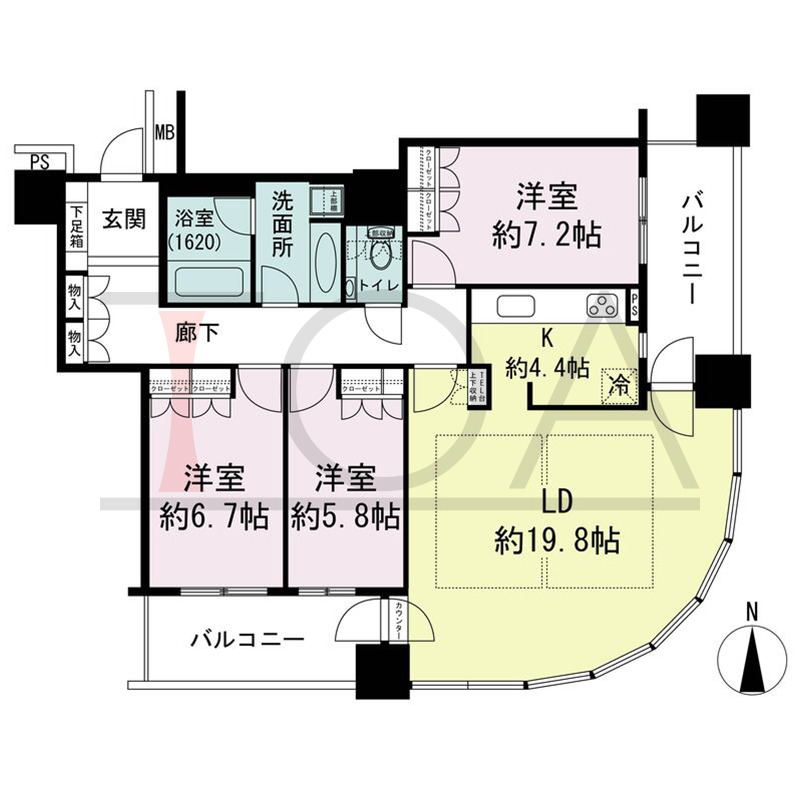 ザ・梅田タワーの間取り図 南東向き角 3LDK 専有面積100.21m2
バルコニー面積16.33m2