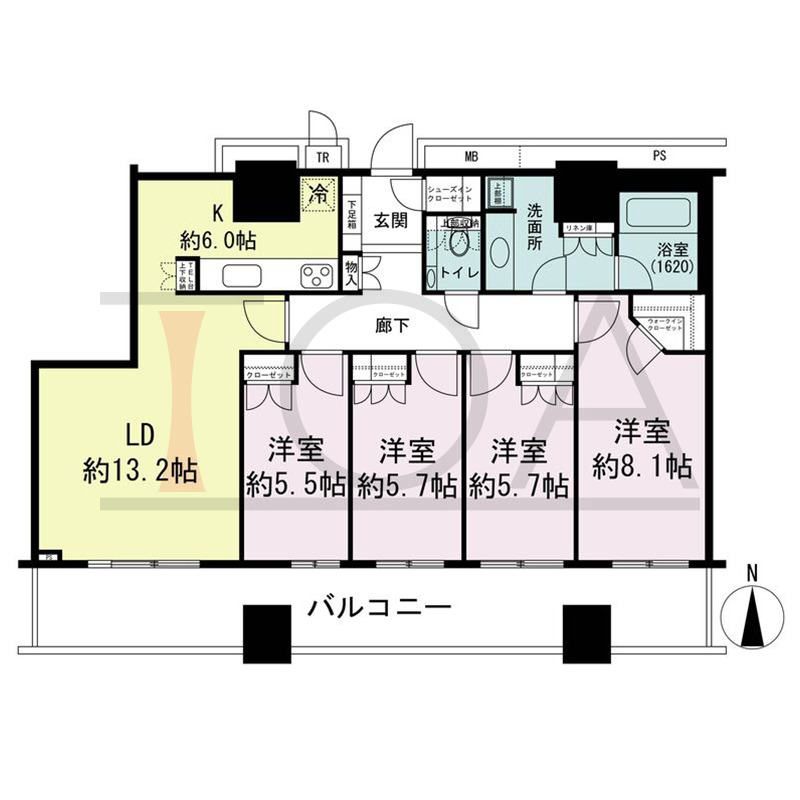 ザ・梅田タワーの間取り図 南向き 4LDK 専有面積101.53m2
バルコニー面積24.66m2