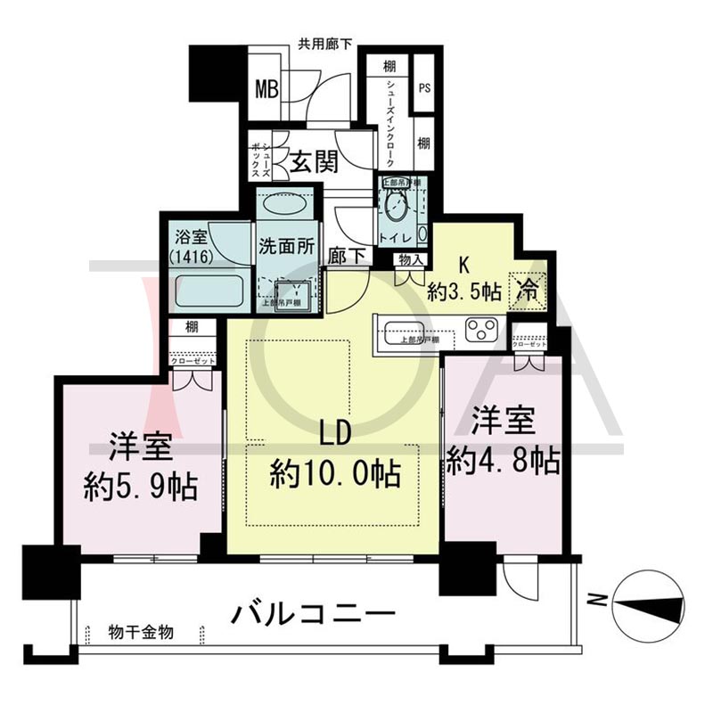 ブランズタワー梅田Northの間取り図 西向き 2LDK+SIC 専有面積55.05m2
バルコニー面積13.63m2