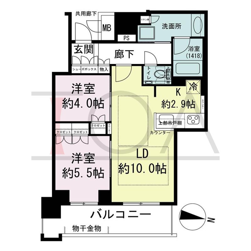 ブランズタワー梅田Northの間取り図 東向き 2LDK 専有面積55.13m2
バルコニー面積9.53m2