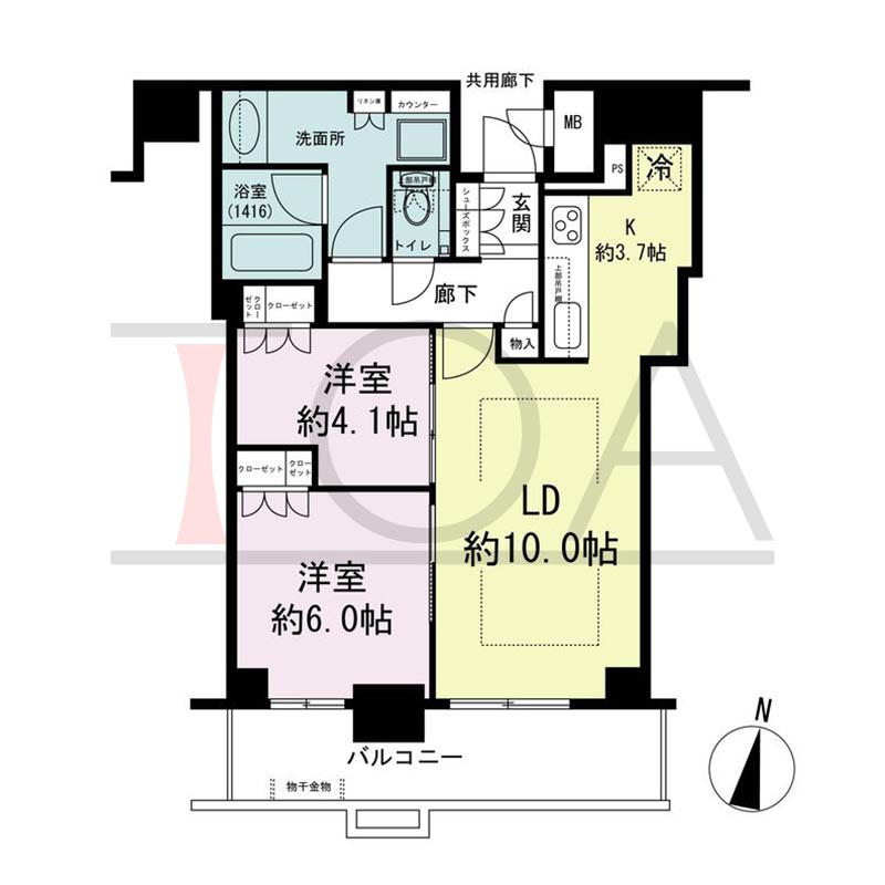 ブランズタワー梅田Northの間取り図 南向き 2LDK 専有面積56.92m2
バルコニー面積10.02m2