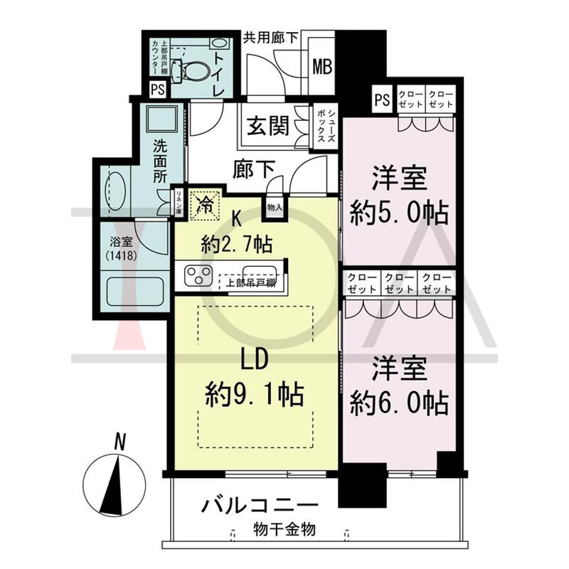 ブランズタワー梅田Northの間取り図 南向き 2LDK 専有面積56.16m2
バルコニー面積9.38m2