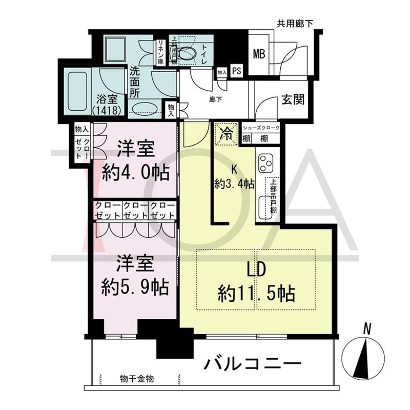 ブランズタワー梅田Northの間取り図 南向き 2LDK+SIC 専有面積60.02m2
バルコニー面積11.39m2