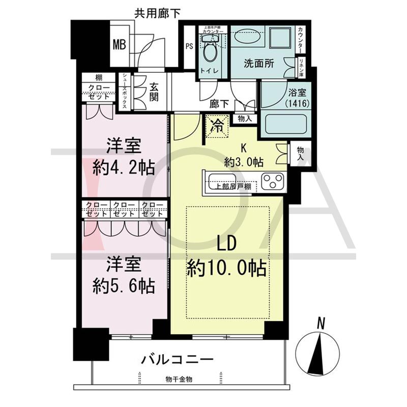 ブランズタワー梅田Northの間取り図 南向き 2LDK 専有面積55.57m2
バルコニー面積8.68m2