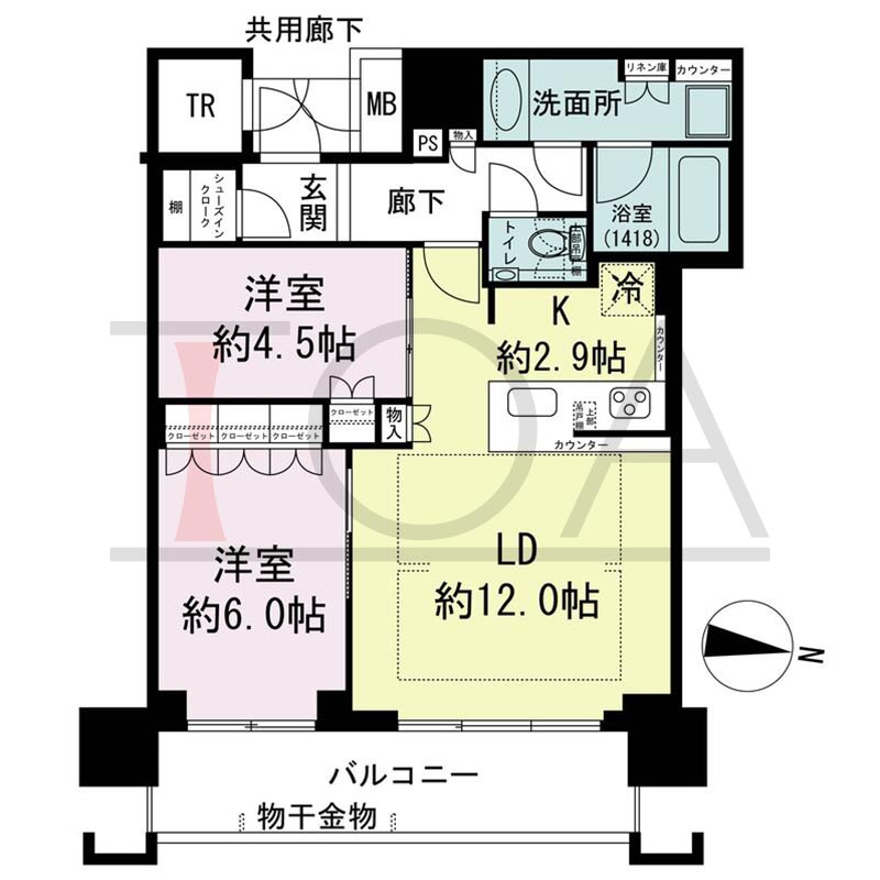 ブランズタワー梅田Northの間取り図 東向き 2LDK+SIC+TR 専有面積61.83m2
バルコニー面積10.09m2