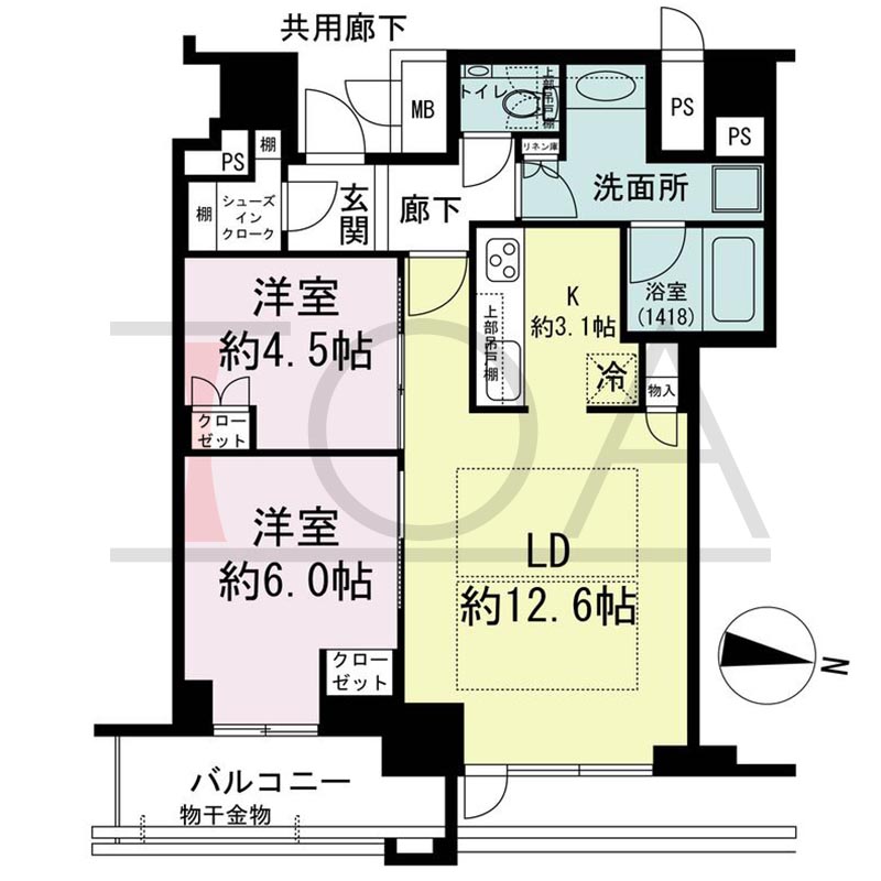 ブランズタワー梅田Northの間取り図 東向き 2LDK+SIC 専有面積62.92m2
バルコニー面積6.61m2