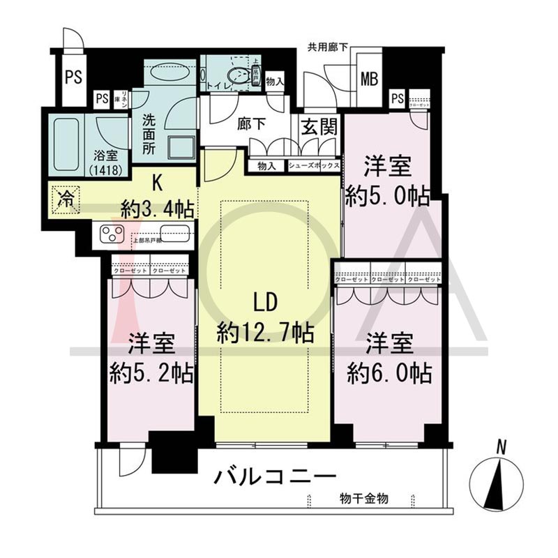 ブランズタワー梅田Northの間取り図 南向き 3LDK 専有面積73.39m2
バルコニー面積12.40m2