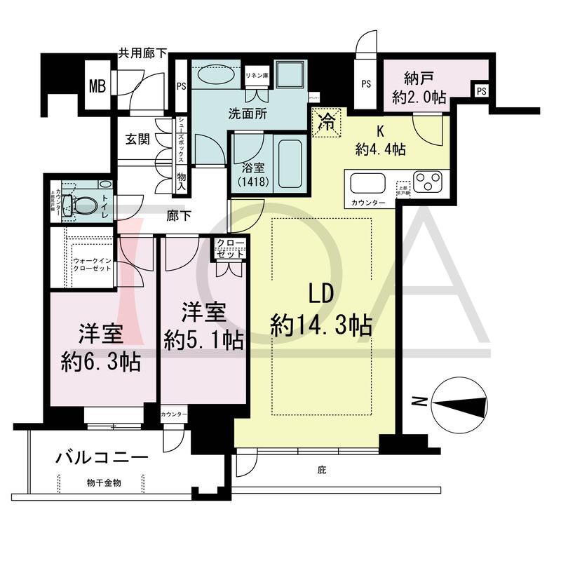 ブランズタワー梅田Northの間取り図 西向き 2LDK+N+WIC 専有面積76.78m2
バルコニー面積7.24m2
