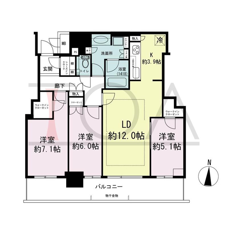 ブランズタワー梅田Northの間取り図 南向き 3LDK+2WIC+SIC 専有面積79.82m2
バルコニー面積15.42m2