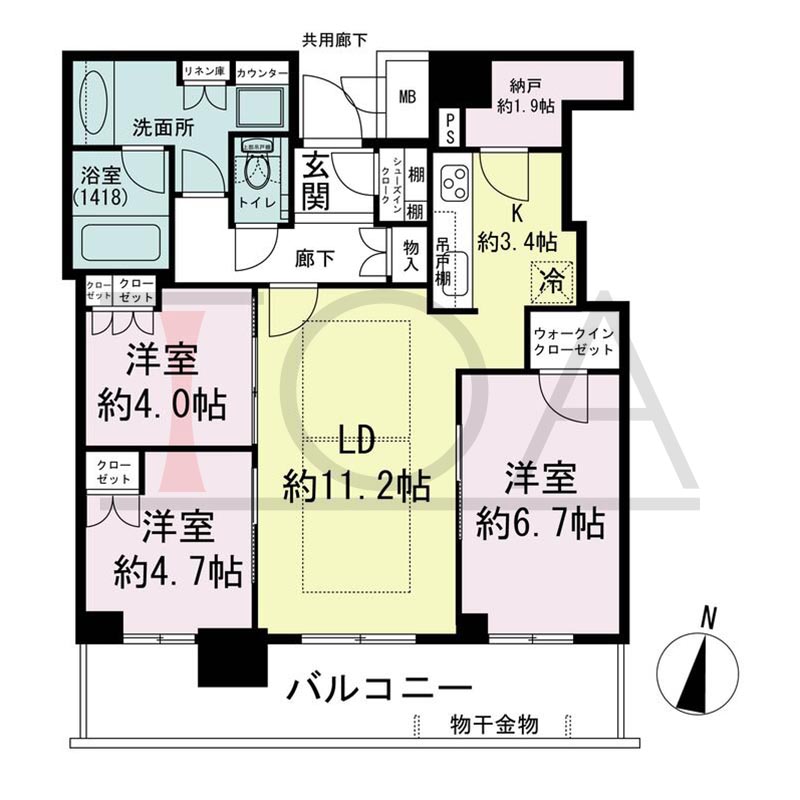 ブランズタワー梅田Northの間取り図 南向き 3LDK+N+WIC+SIC 専有面積72.66m2
バルコニー面積13.09m2
