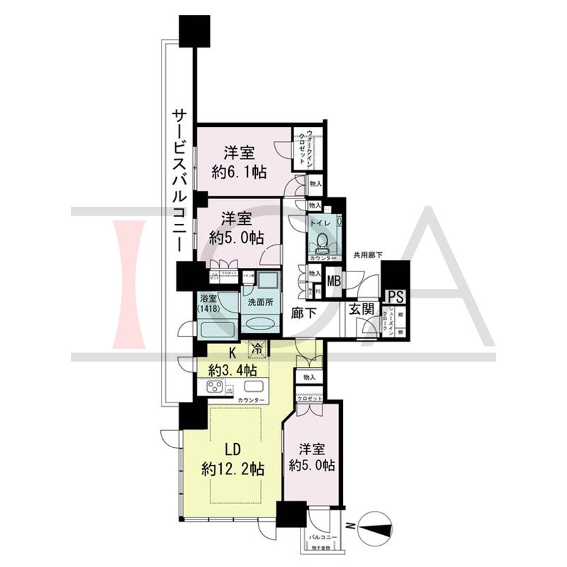 ブランズタワー梅田Northの間取り図 北西向き角 3LDK+WIC+SIC 専有面積78.42m2
バルコニー面積2.32m2
サービスバルコニー面積15.98m2