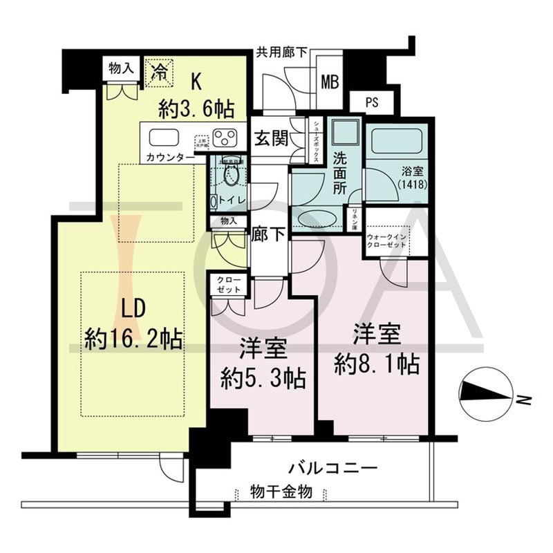 ブランズタワー梅田Northの間取り図 東向き 2LDK+WIC 専有面積71.95m2
バルコニー面積8.35m2