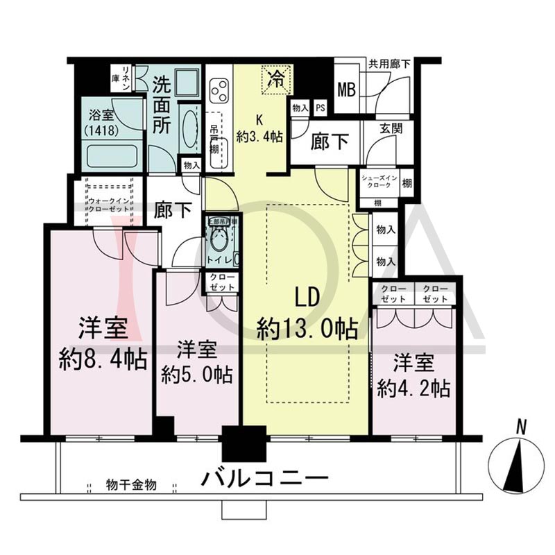 ブランズタワー梅田Northの間取り図 南向き 3LDK+WIC+SIC 専有面積80.52m2
バルコニー面積15.16m2