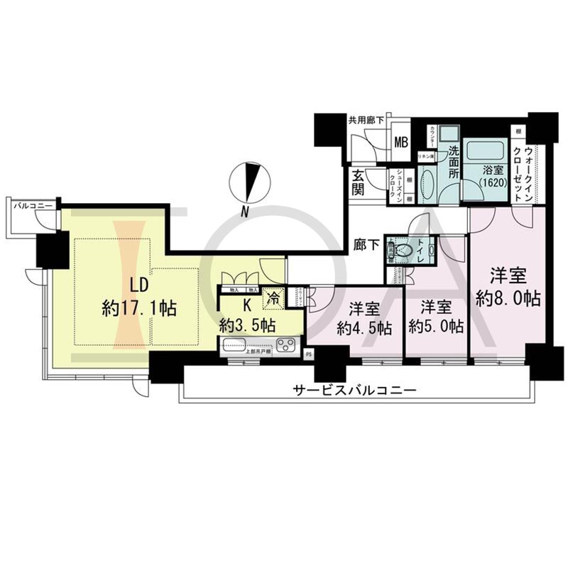 ブランズタワー梅田Northの間取り図 北東向き角 3LDK+WIC+SIC 専有面積87.45m2
バルコニー面積1.98m2
サービスバルコニー面積13.76m2