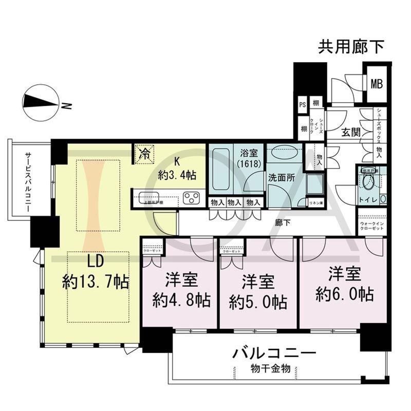 ブランズタワー梅田Northの間取り図 南東向き角 3LDK+WIC+SIC 専有面積80.73m2
バルコニー面積11.51m2
サービスバルコニー面積4.07m2