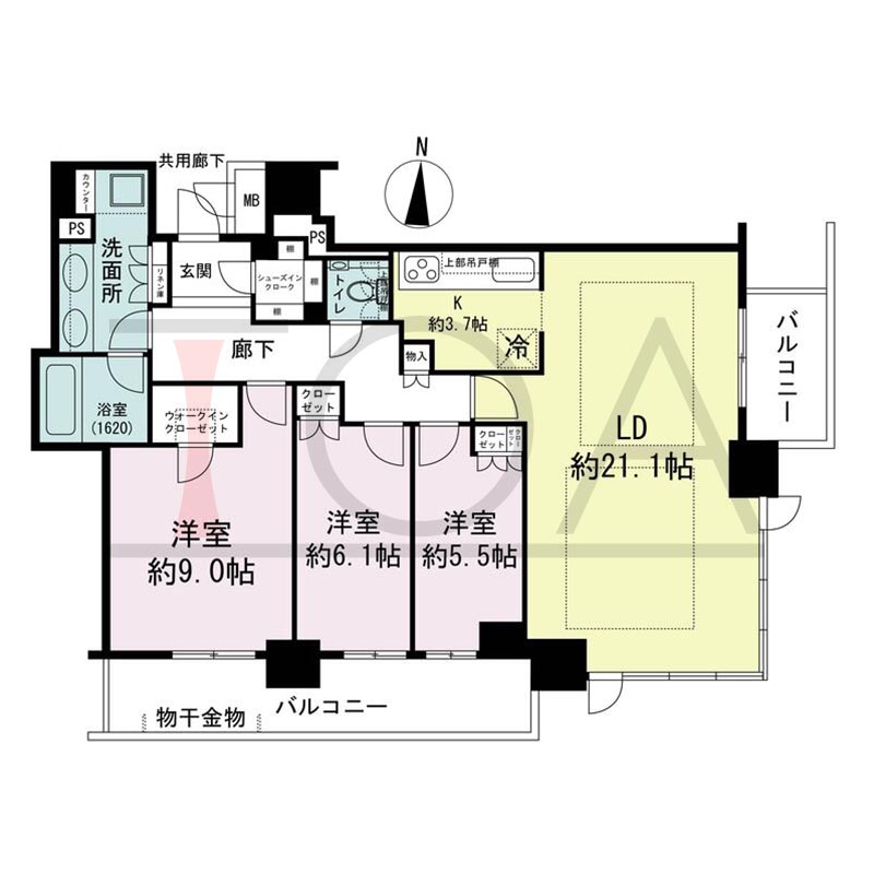 ブランズタワー梅田Northの間取り図 南東向き角 3LDK+WIC+SIC 専有面積102.90m2
バルコニー面積17.41m2