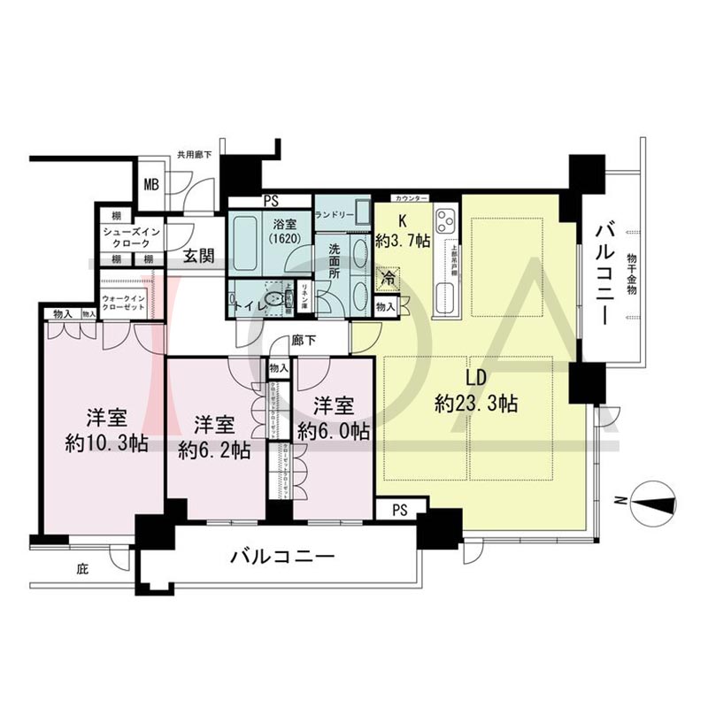 ブランズタワー梅田Northの間取り図 南西向き角 3LDK+WIC+SIC 専有面積110.57m2
バルコニー面積18.76m2