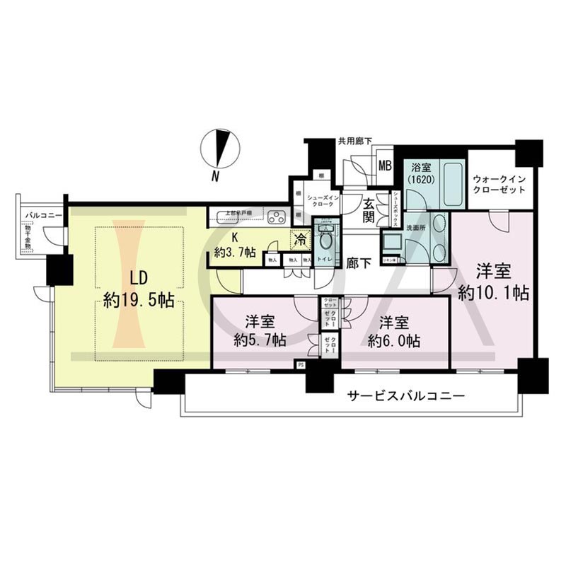 ブランズタワー梅田Northの間取り図 北東向き角 3LDK+WIC+SIC 専有面積104.68m2
バルコニー面積2.90m2
サービスバルコニー面積13.76m2