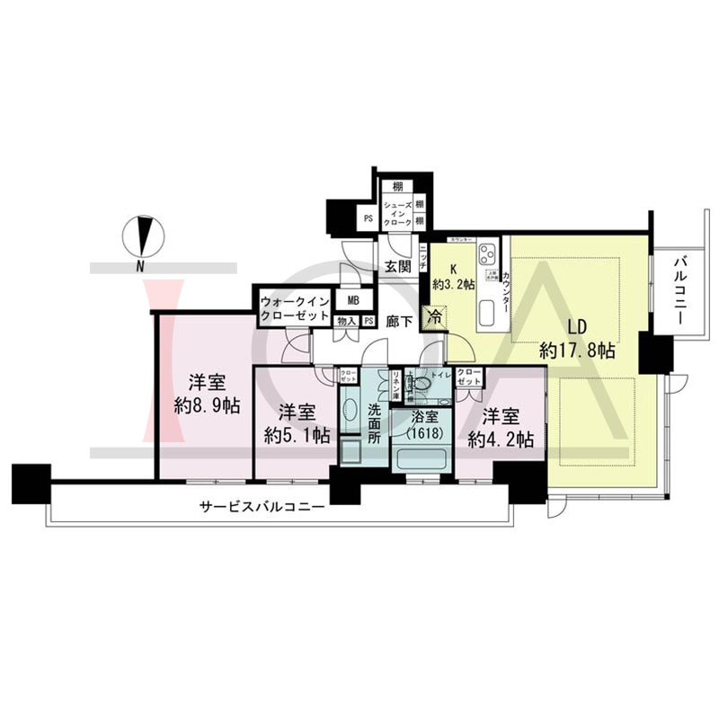 ブランズタワー梅田Northの間取り図 北西向き角 3LDK+WIC+SIC 専有面積91.10m2
バルコニー面積4.02m2
サービスバルコニー面積15.98m2