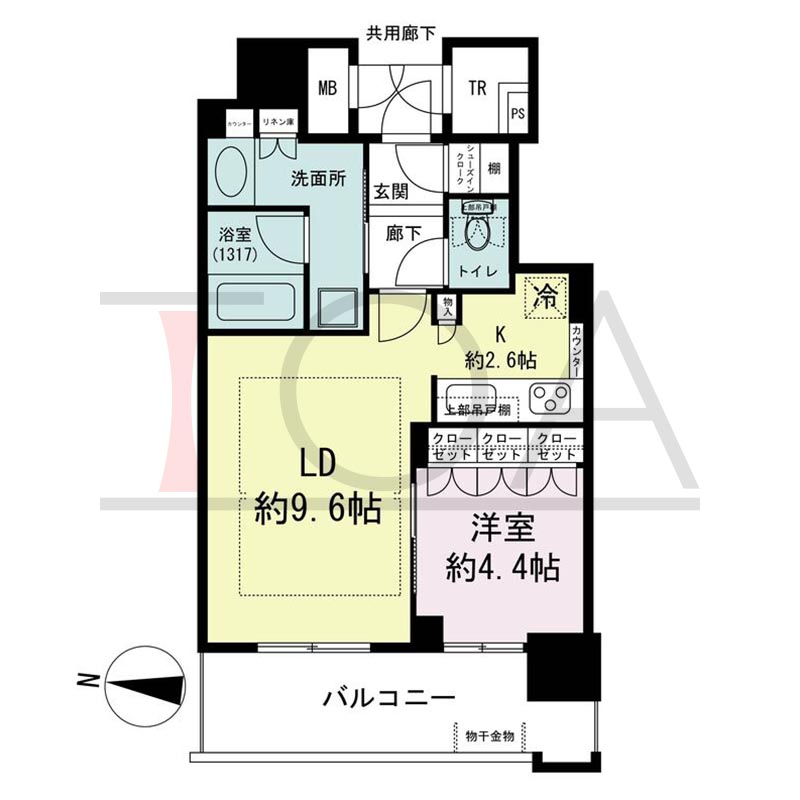 ブランズタワー梅田Northの間取り図 西向き 1LDK+SIC+TR 専有面積43.98m2
バルコニー面積8.92m2