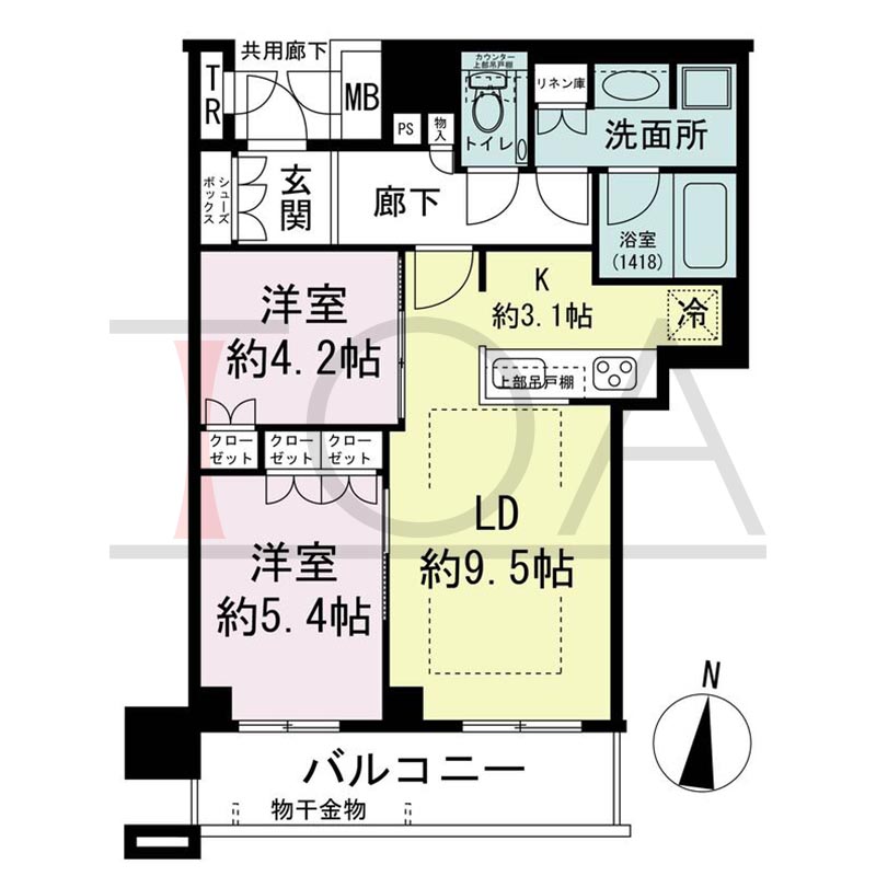 ブランズタワー梅田Northの間取り図 南向き 2LDK+TR 専有面積56.71m2
バルコニー面積8.86m2