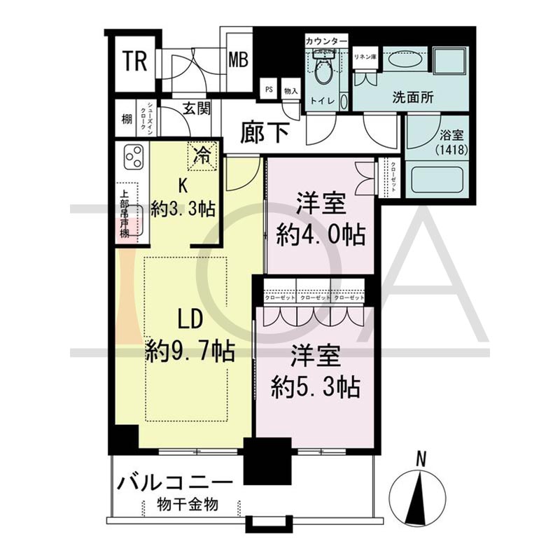 ブランズタワー梅田Northの間取り図 南向き 2LDK+SIC+TR 専有面積57.74m2
バルコニー面積8.91m2