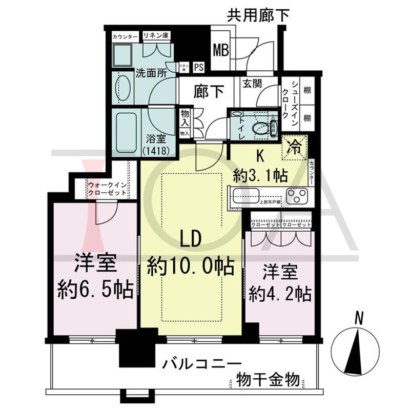 ブランズタワー梅田Northの間取り図 南向き 2LDK+WIC+SIC 専有面積59.24m2
バルコニー面積12.09m2