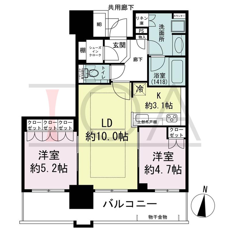 ブランズタワー梅田Northの間取り図 南向き 2LDK+SIC 専有面積58.39m2
バルコニー面積12.86m2