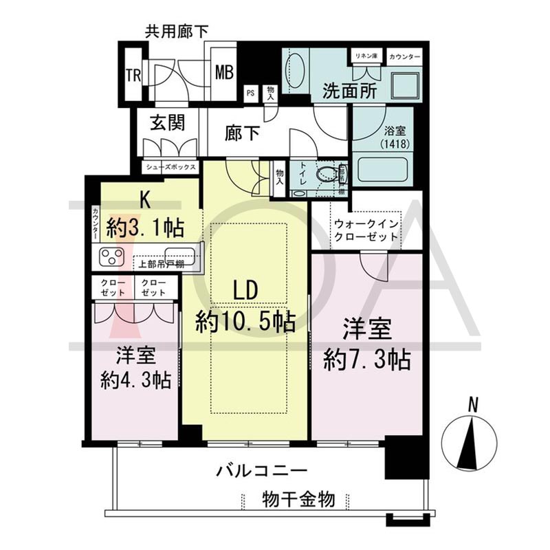 ブランズタワー梅田Northの間取り図 南向き 2LDK+WIC+TR 専有面積64.69m2
バルコニー面積10.98m2