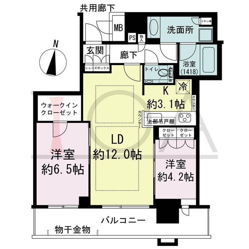ブランズタワー梅田Northの間取り図 南向き 2LDK+WIC 専有面積62.41m2
バルコニー面積12.78m2