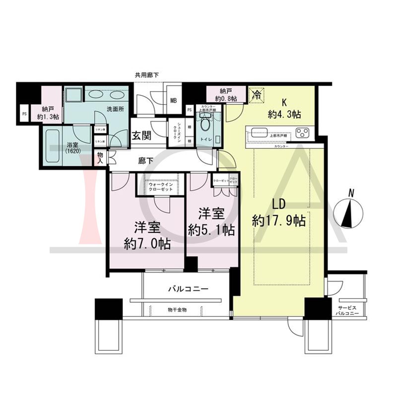ブランズタワー梅田Northの間取り図 南向き 2LDK+N+WIC+SIC 専有面積85.59m2
バルコニー面積6.81m2から10.62m2のお部屋あり
サービスバルコニー面積2.78m2から4.82m2のお部屋あり