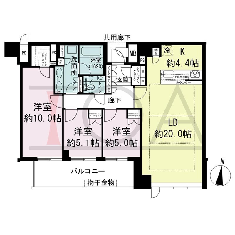 ブランズタワー梅田Northの間取り図 南向き 3LDK+WIC+SIC 専有面積100.31m2
バルコニー面積12.66m2から20.17m2のお部屋あり