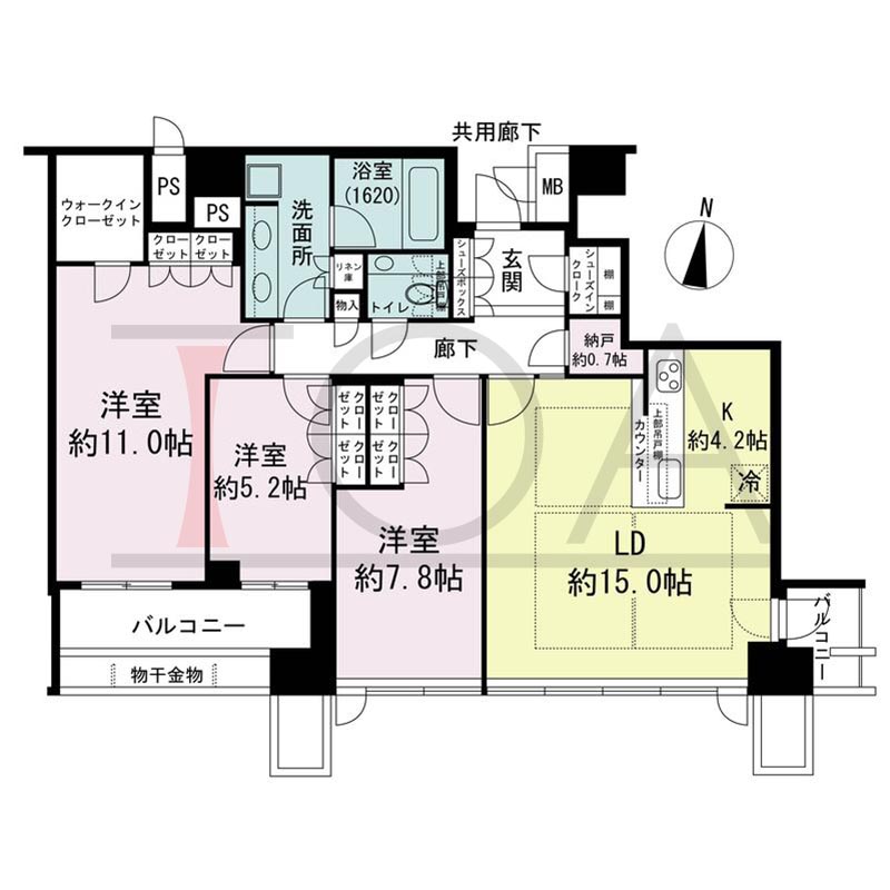 ブランズタワー梅田Northの間取り図 南向き 3LDK+N+WIC+SIC 専有面積102.14m2
バルコニー面積8.71m2から13.36m2のお部屋あり
避難バルコニー面積2.63m2から4.10m2のお部屋あり