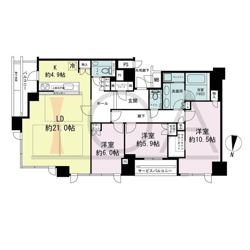 ブランズタワー梅田Northの間取り図 北東向き角 3LDK+WIC+SIC 専有面積120.34m2
バルコニー面積7.23m2から12.72m2のお部屋あり
サービスバルコニー3.94面積3.94m2