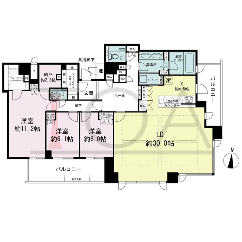 ブランズタワー梅田Northの間取り図 南東向き角 3LDK+N+WIC+SIC 専有面積145.70m2
バルコニー面積20.44m2から31.91m2のお部屋あり