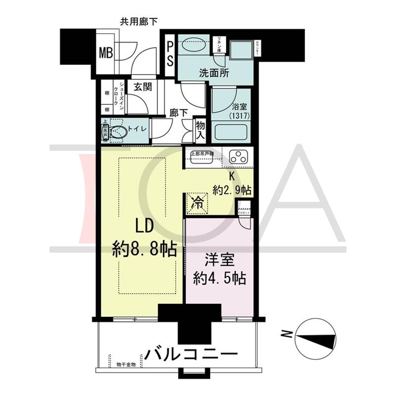 ブランズタワー梅田Northの間取り図 西向き 1LDK+SIC 専有面積42.64m2
バルコニー面積7.69m2