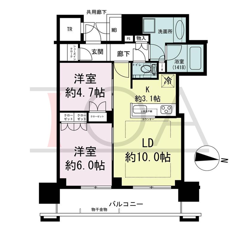 ブランズタワー梅田Northの間取り図 東向き 2LDK+SIC+TR 専有面積57.64m2
バルコニー面積10.09m2