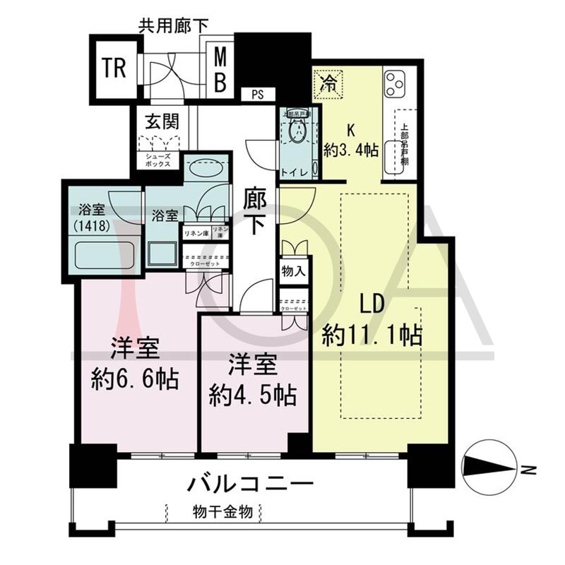 ブランズタワー梅田Northの間取り図 東向き 2LDK+TR 専有面積63.02m2
バルコニー面積11.33m2