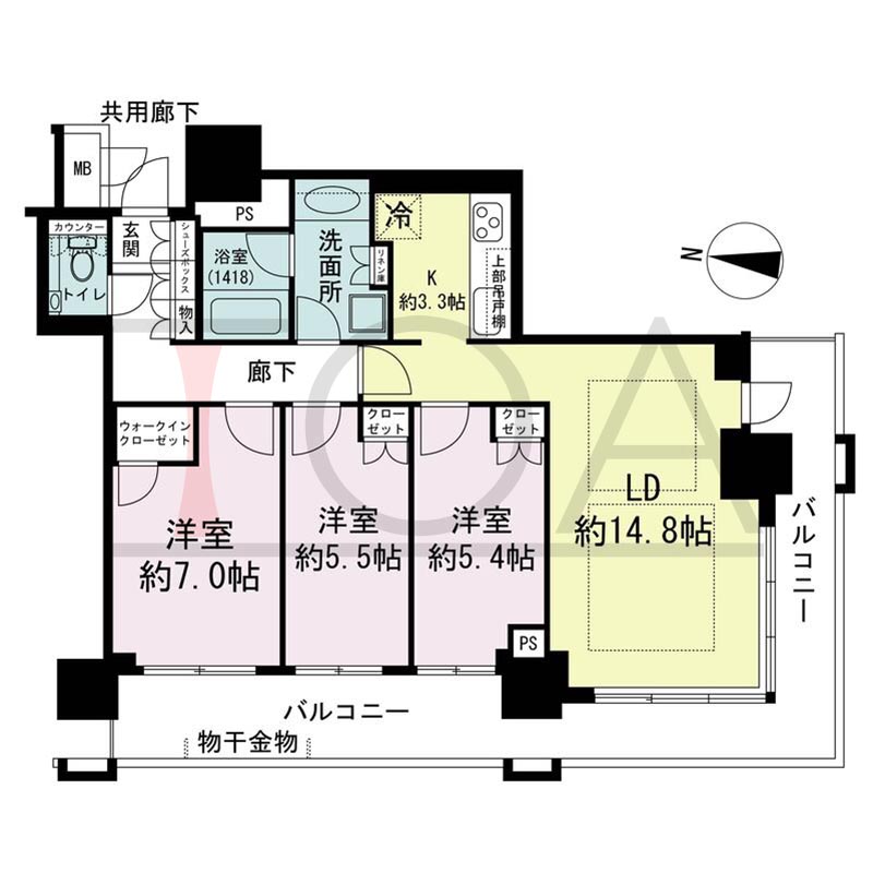 ブランズタワー梅田Northの間取り図 南西向き角 3LDK+WIC 専有面積80.34m2
バルコニー面積24.04m2